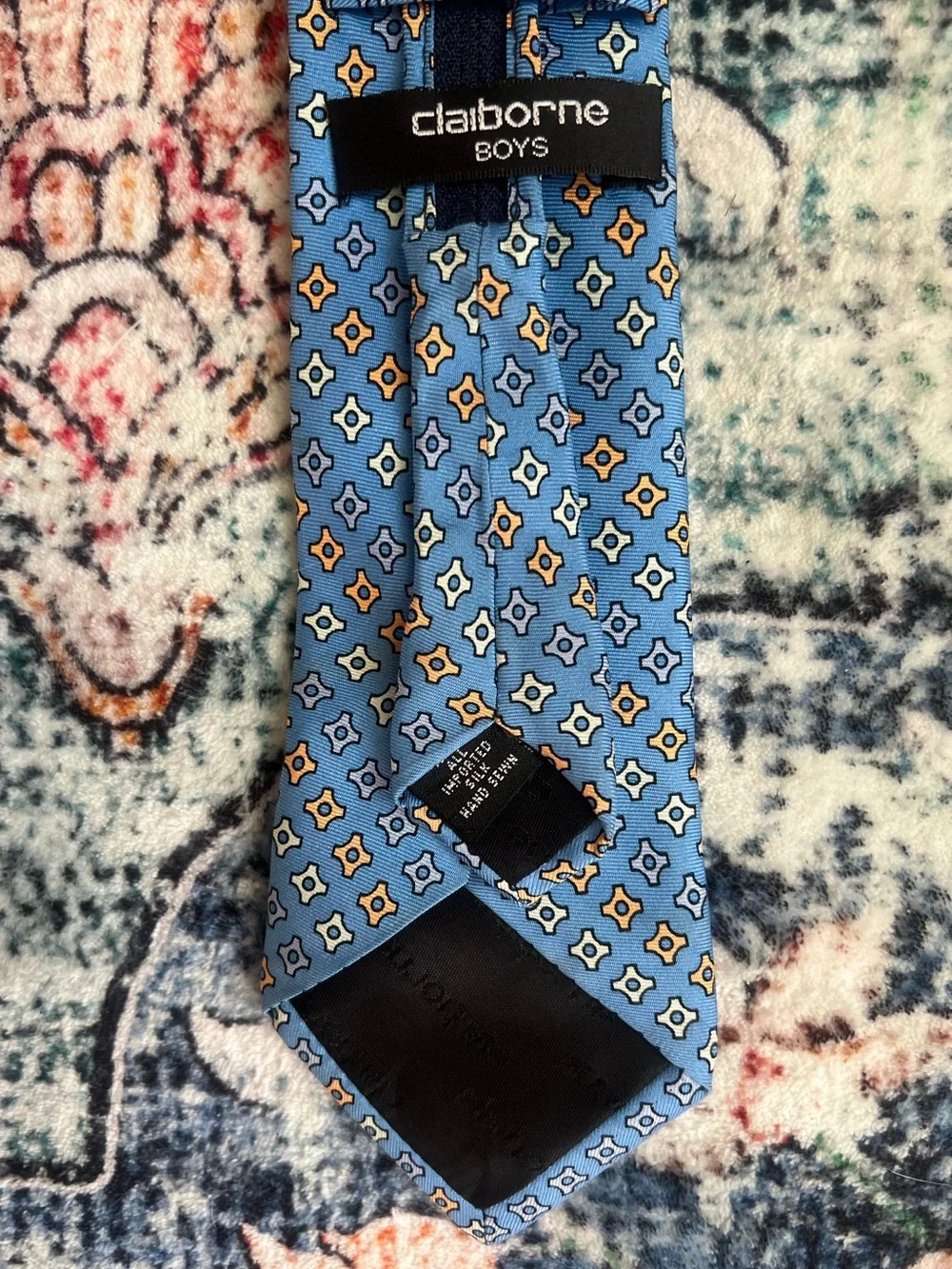 Vintage 90s Claiborne Boys Blue Geometric 100% Silk Pre-Tied Zipper Necktie 👔